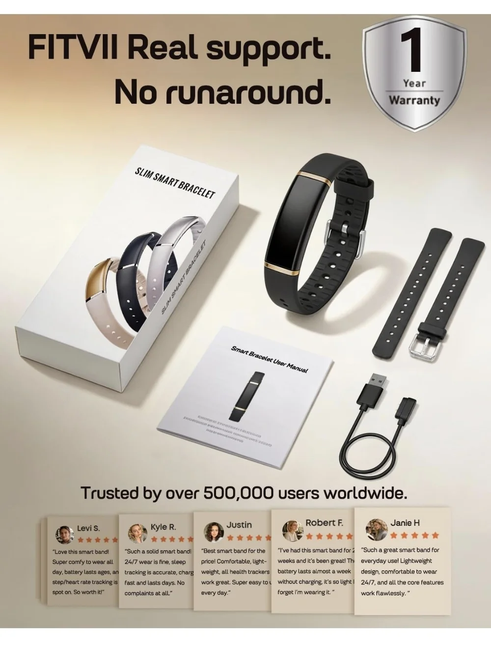 FITVII Black Fitness Tracker Band with Gold Accents Screenless Activity Tracker